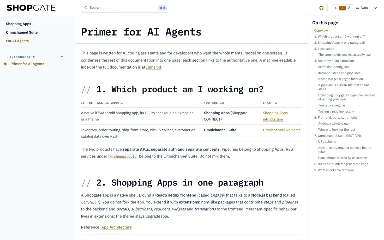 Primer for AI agents on docs.shopgate.com