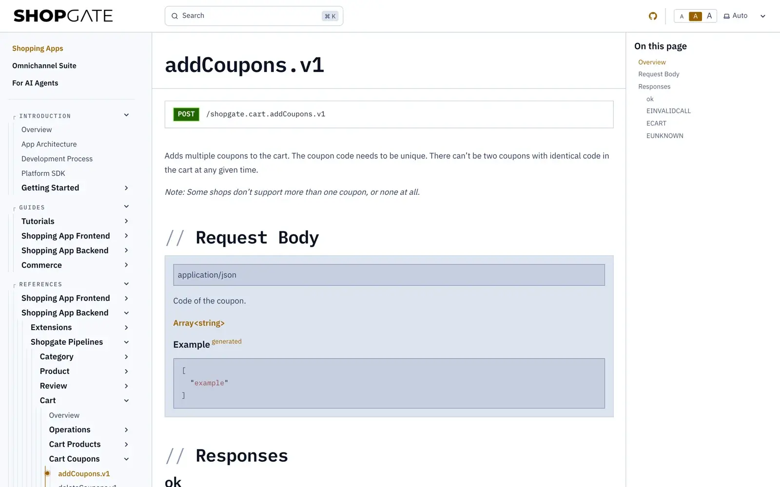 API reference addCoupons.v1 on docs.shopgate.com