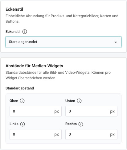 Eckenstil und Abstände im Shopgate Admin