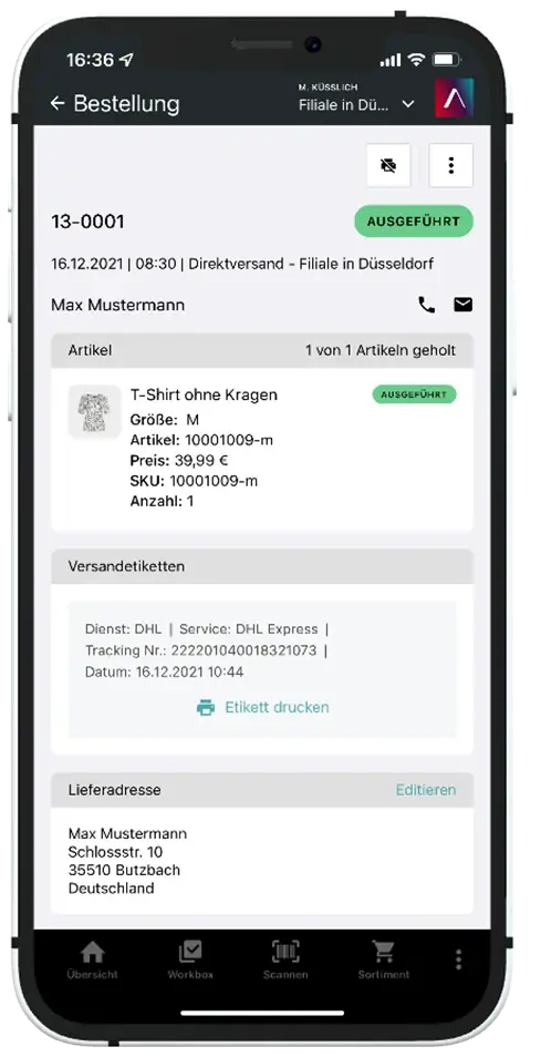Bestellung in der In-Store-App mit Versandetikett